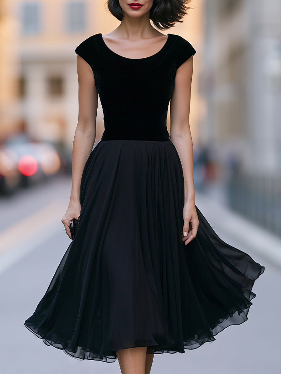 Velvet Bodice Flowing A-Line Midi Dress - Black