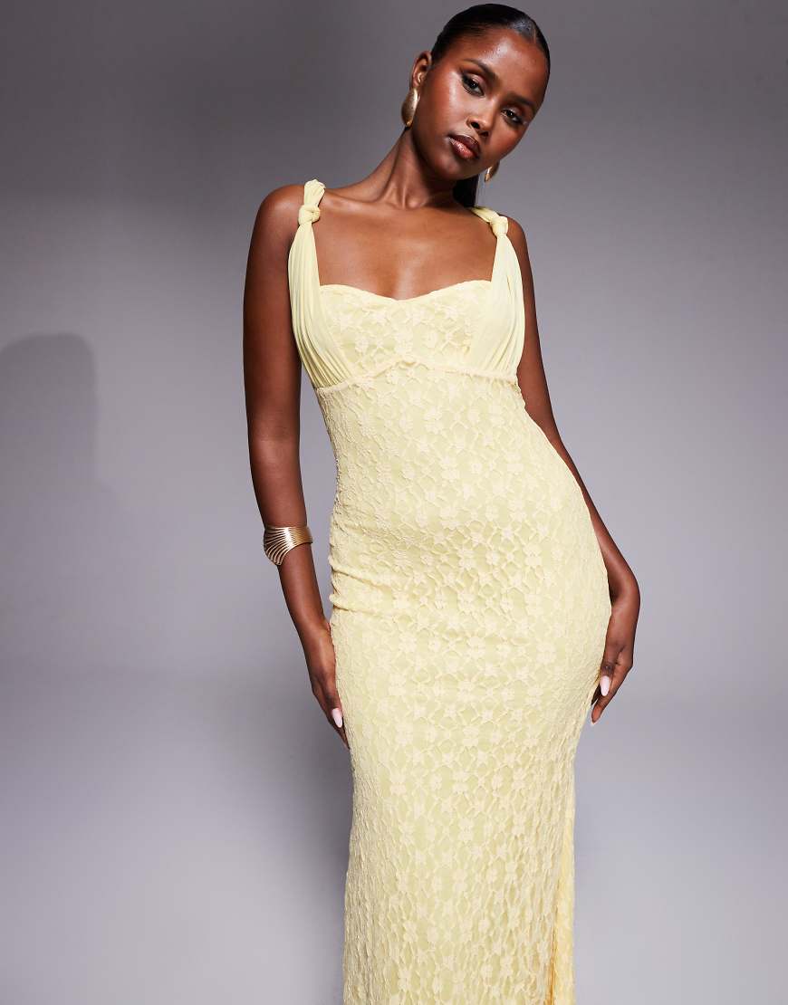 Cami lace maxi dress with overlayed mesh strap detail in yellow-No colour