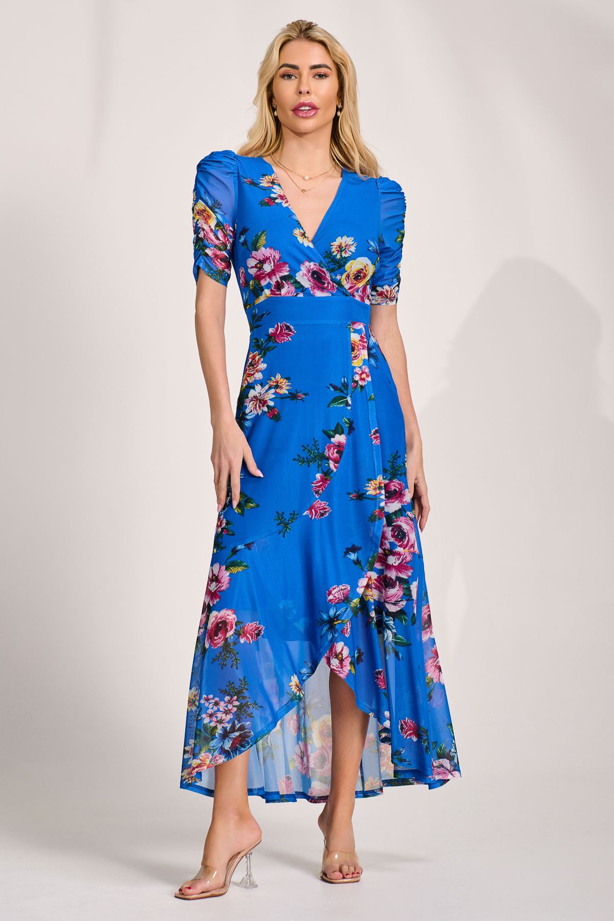 Jolie Moi Women's Ruched Sleeve Mesh Maxi Dress in Blue