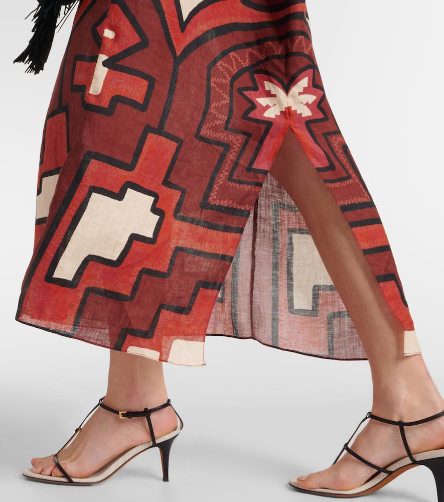 Printed cutout linen midi dress