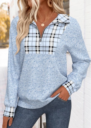 Modlily Grey Plaid Long Sleeve Turn Down Collar Sweatshirt