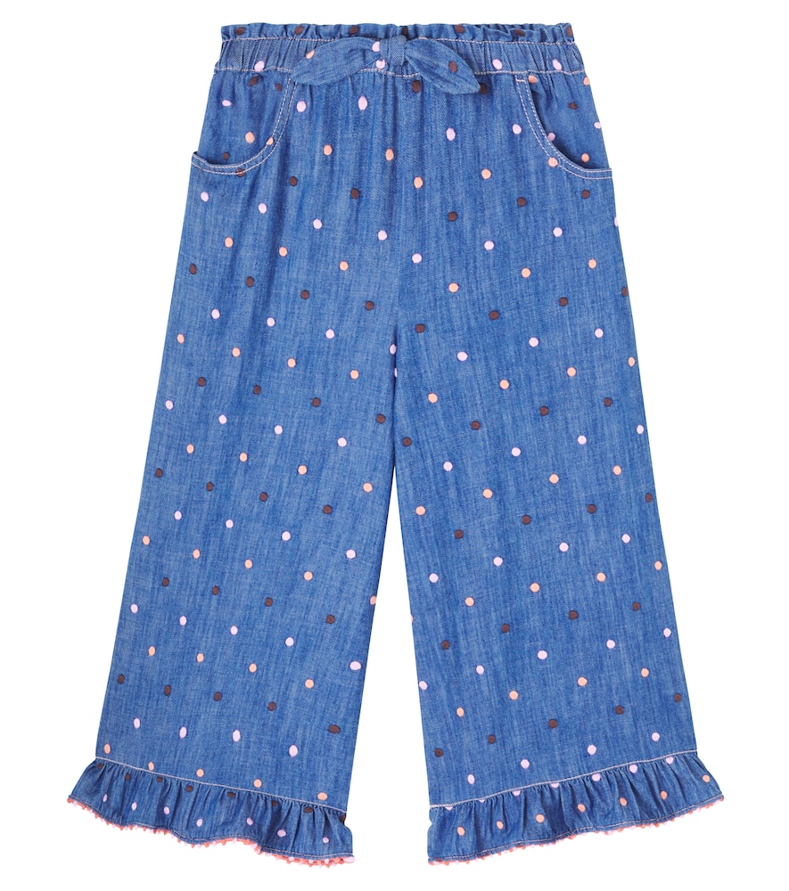 Embroidered polka-dot denim pants