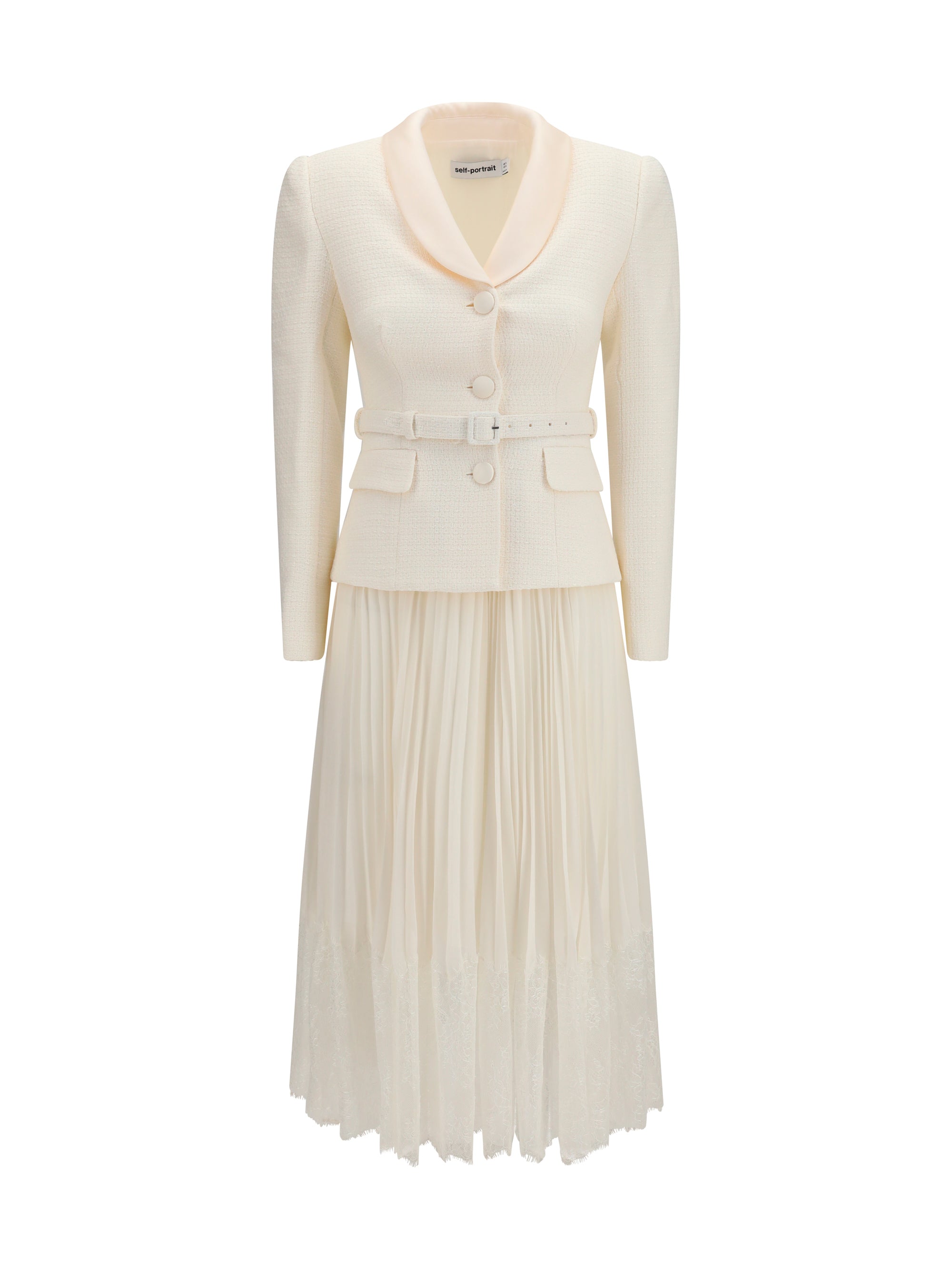 Bouclé with Shawl Collar and Pleated Hem Dress — Cream