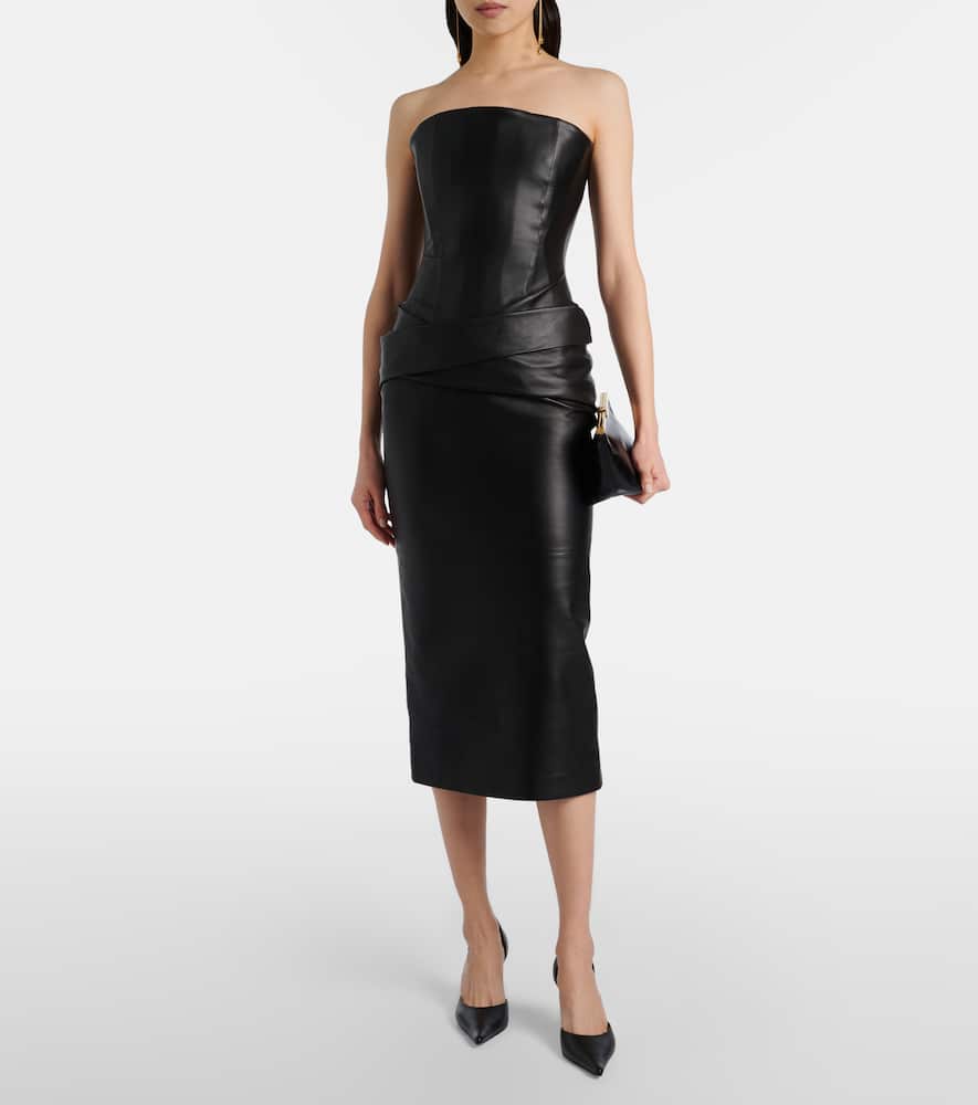 Strapless leather midi dress