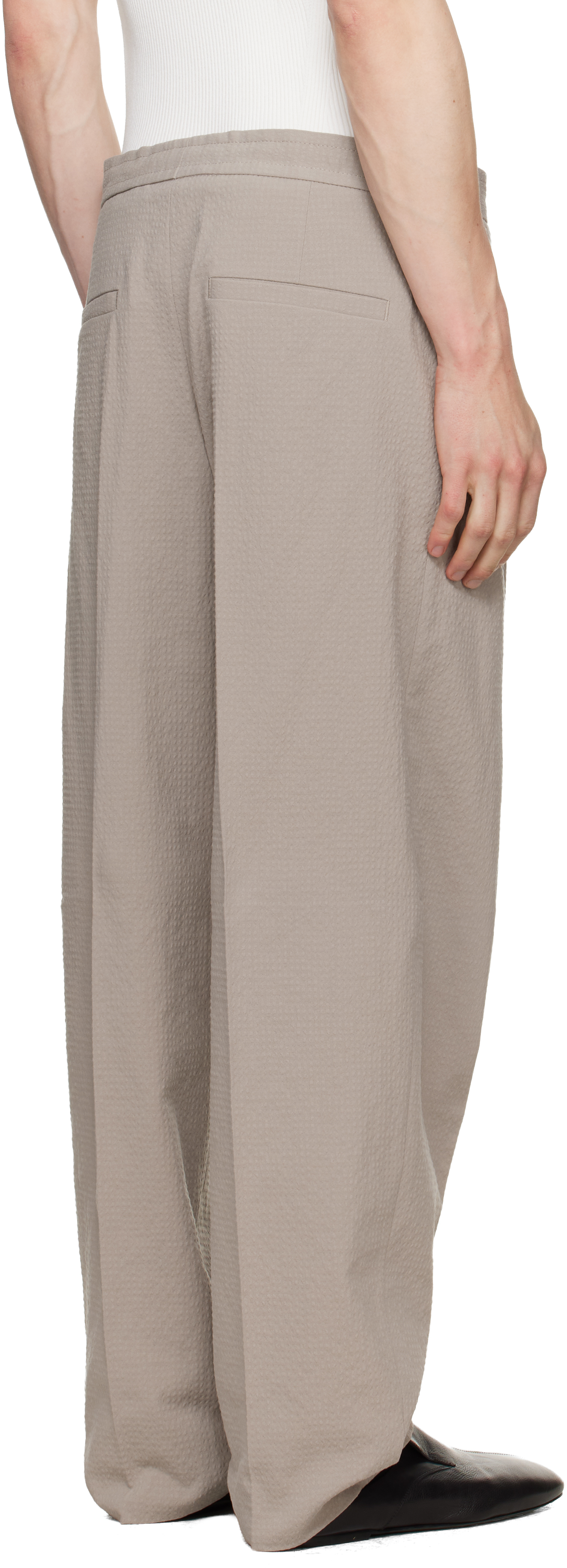 Beige Modern Fit Seersucker Trousers