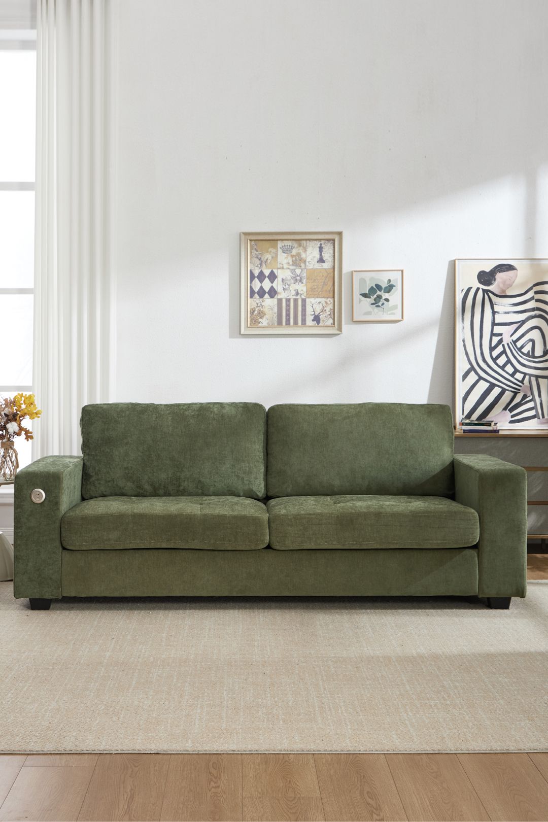 Living And Home 2-Seater Chenille Upholstered Sofa With Charging Ports In Green