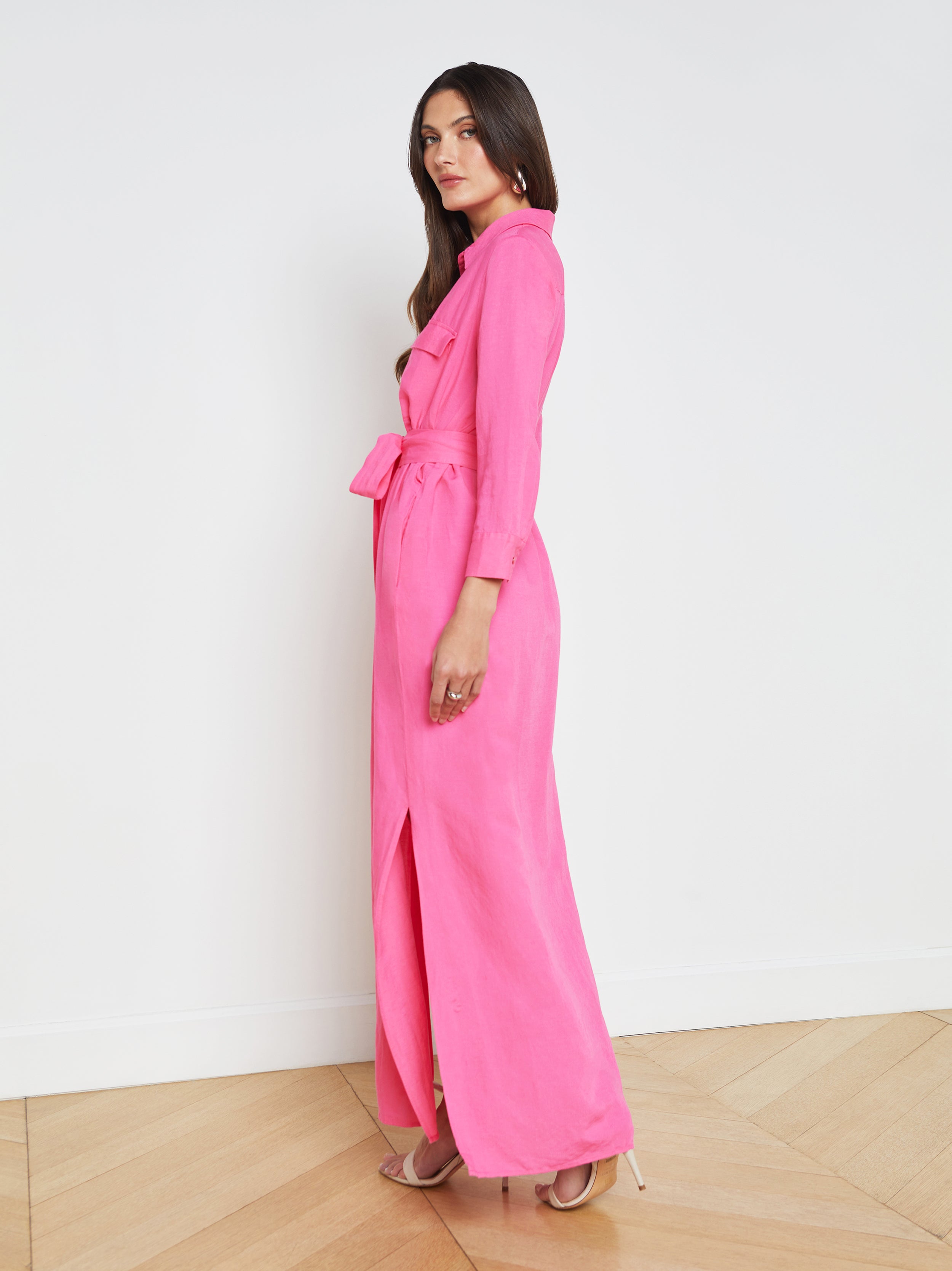 Cameron Linen-Blend Shirt Dress In Berry Pink