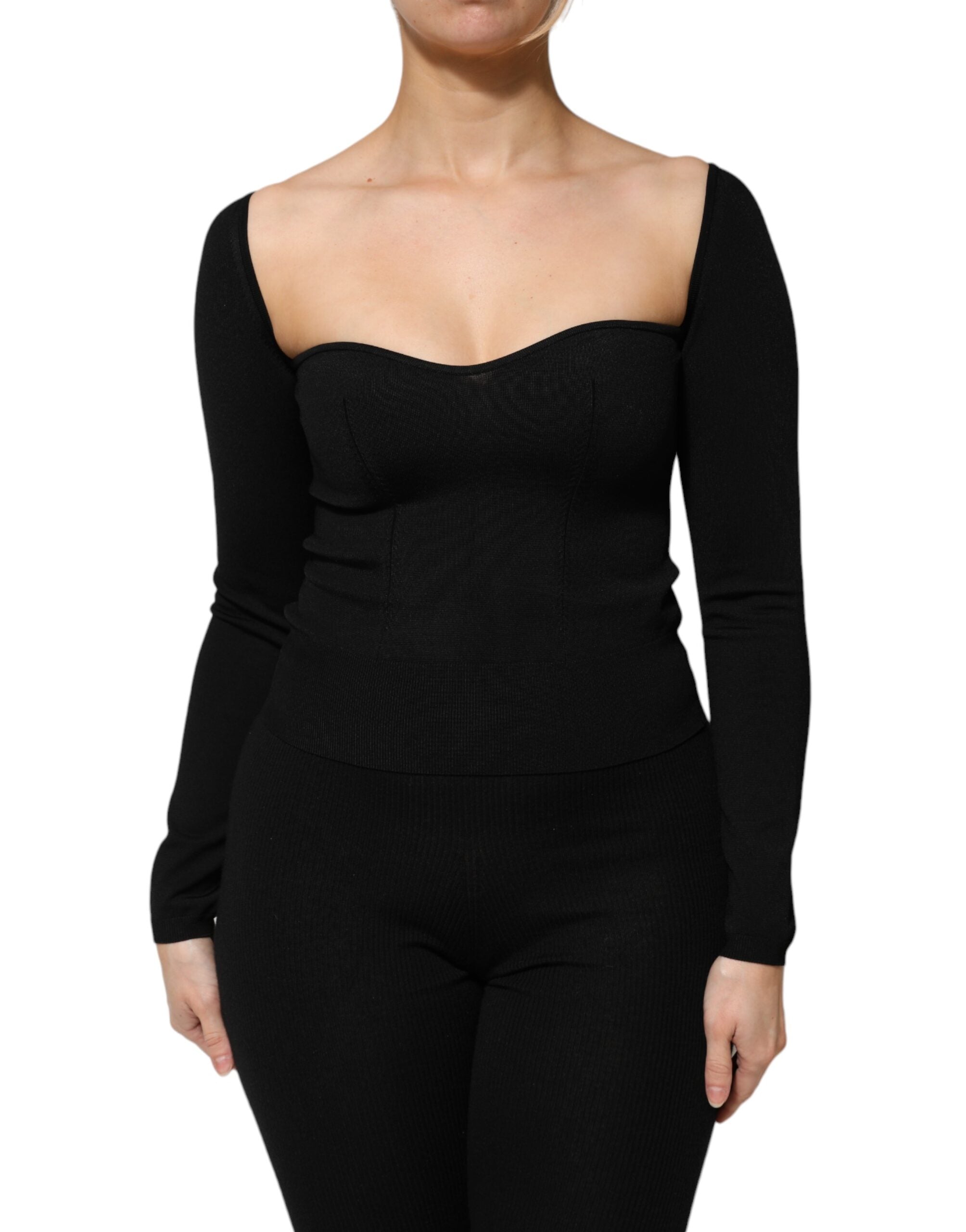 Sweetheart-Neckline Long Sleeve Blouse — Black