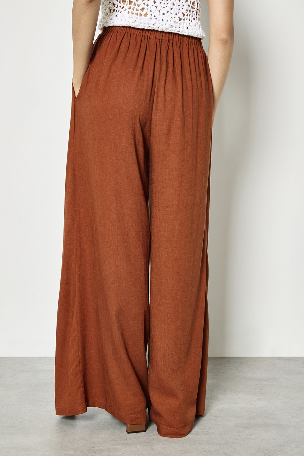 Apricot Linen Blend Wrap Wide-Leg Trousers In Burnt Orange