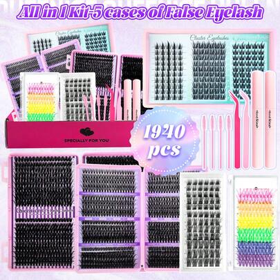 1940pcs/Set 13pcs False Eyelashes Gift Box - 30D-100D Curl, Cartoon/Mouse/Dog/Colorful/Fluffy Natural Cluster Fake Lashes, Includes Glue And Tools, Su