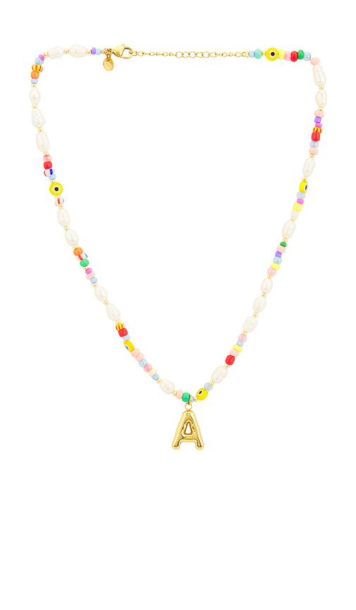 Petit moments Beaded Pearl Bubble Initial Necklace in Pink,Metallic Gold. A. Also in B, C, D, E, F, G, H, J, K, L, M, N, O, P, R, S, T
