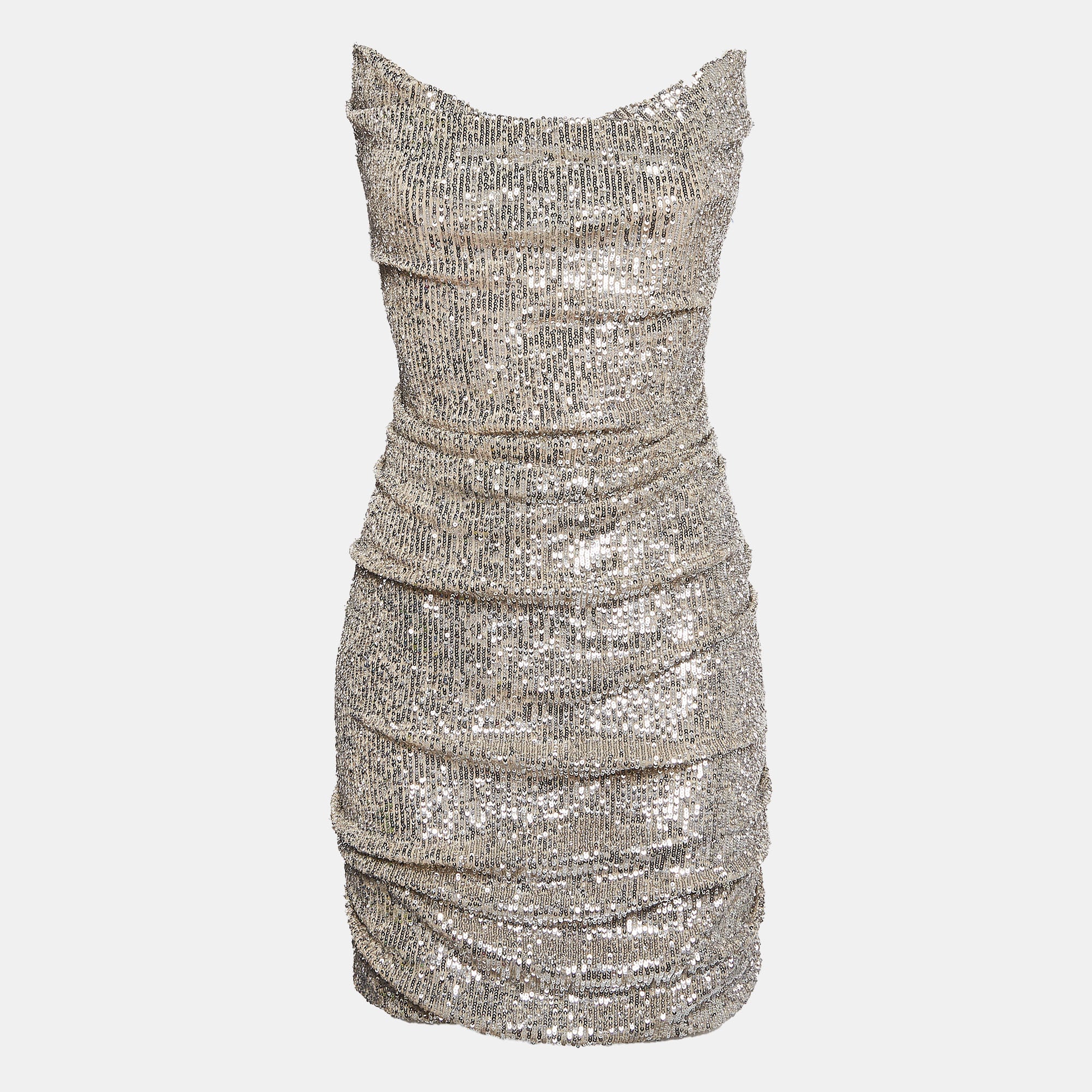 Silver Sequin Ruche Strapless Mini Dress