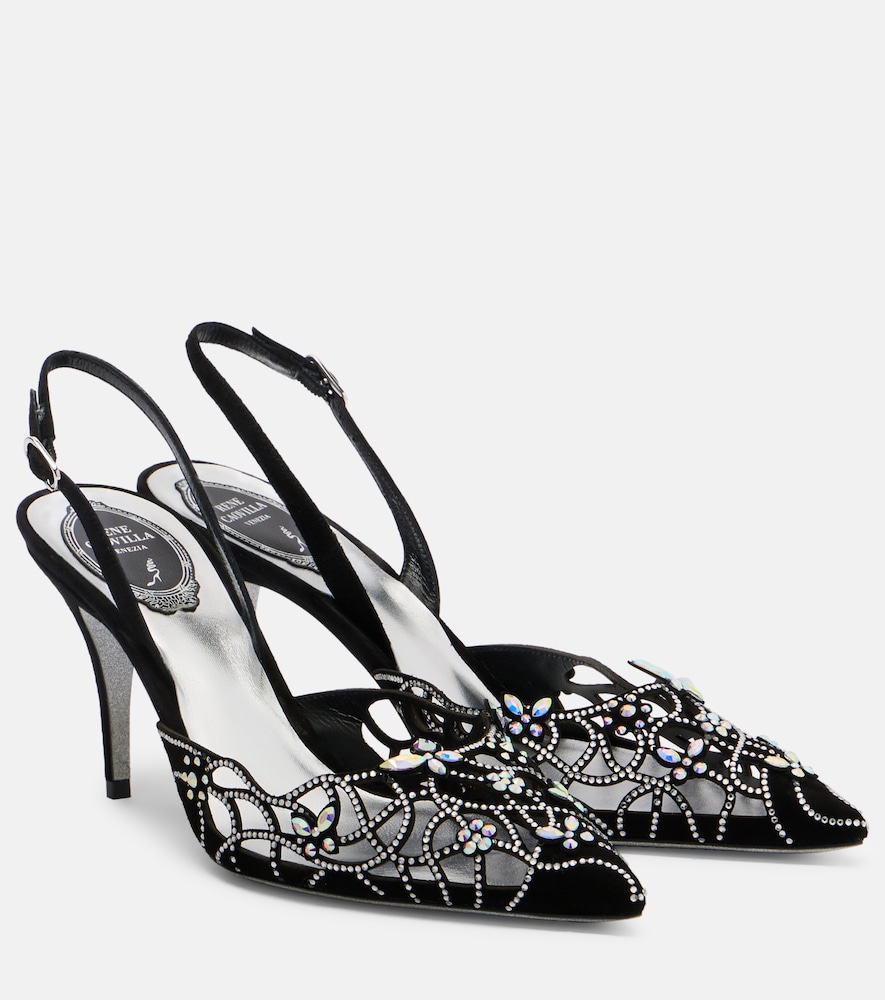 Embellished suede slingback pumps
