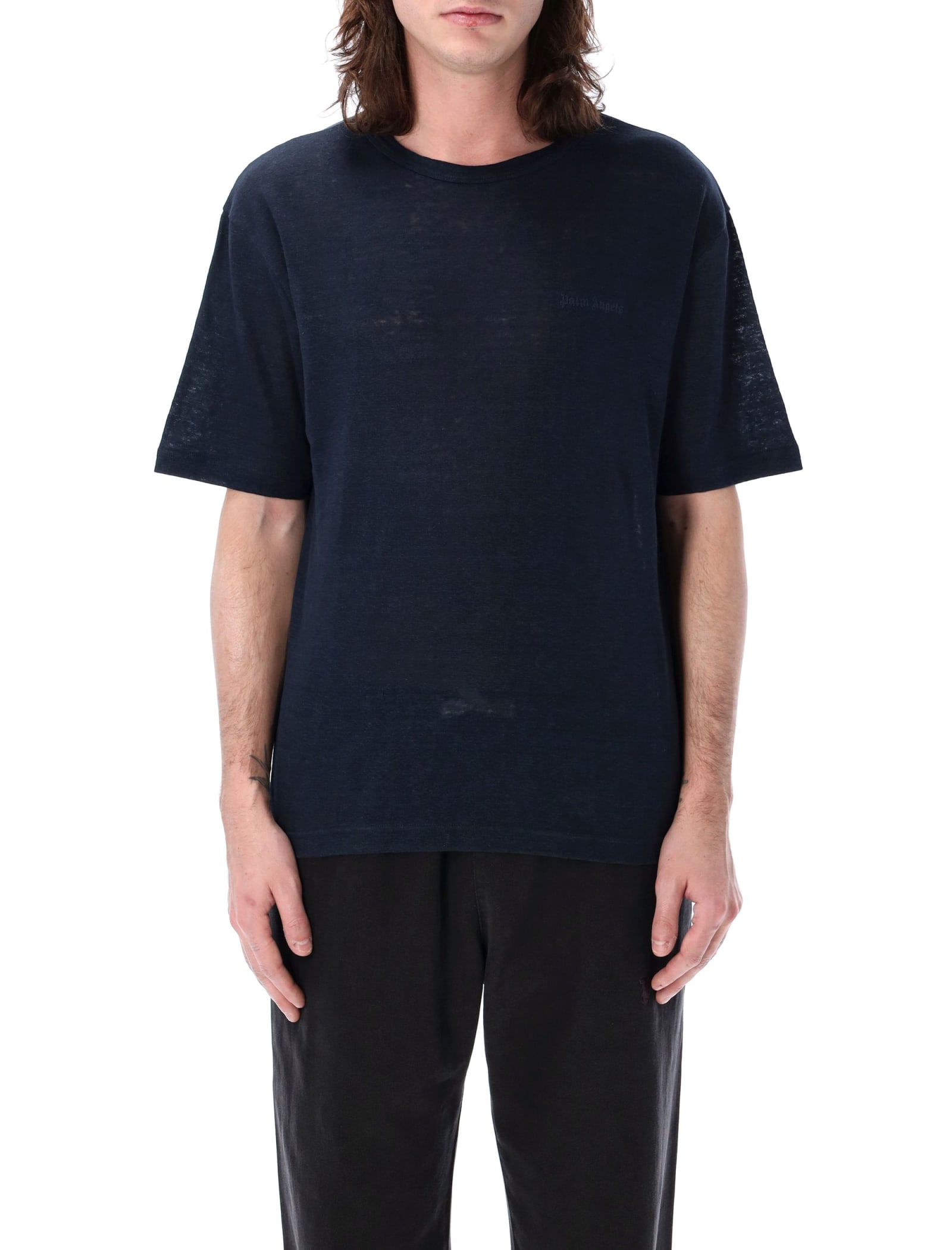 Logo-embroidered linen T-shirt - Blue