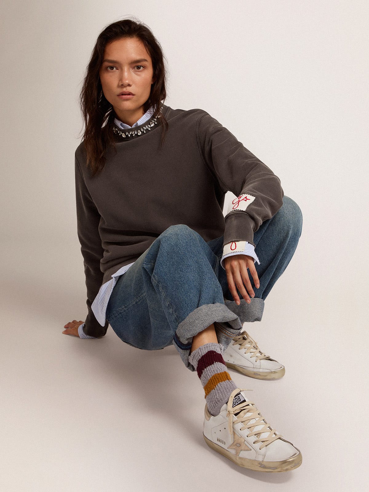Golden Goose - Women's Super-star With Gold Sparkle Foxing And Metal Stud Lettering, Woman