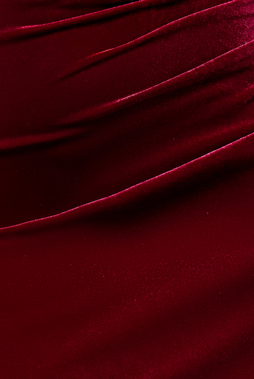 Goddiva Off The Shoulder Deep Plunge Velvet Maxi Dress - Burgundy