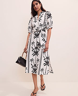 Ann Taylor Palm Tree Print Midi Dress in Linen
