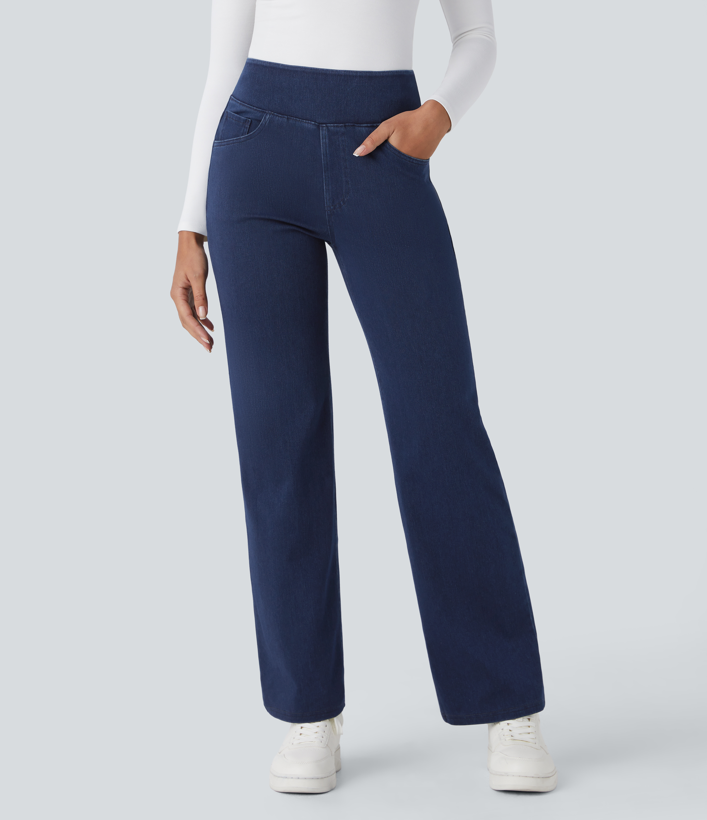 Halara Halara Flex™ High Waisted Pockets Straight Leg Work Jeans - Midnight Blue Denim - XLregular
