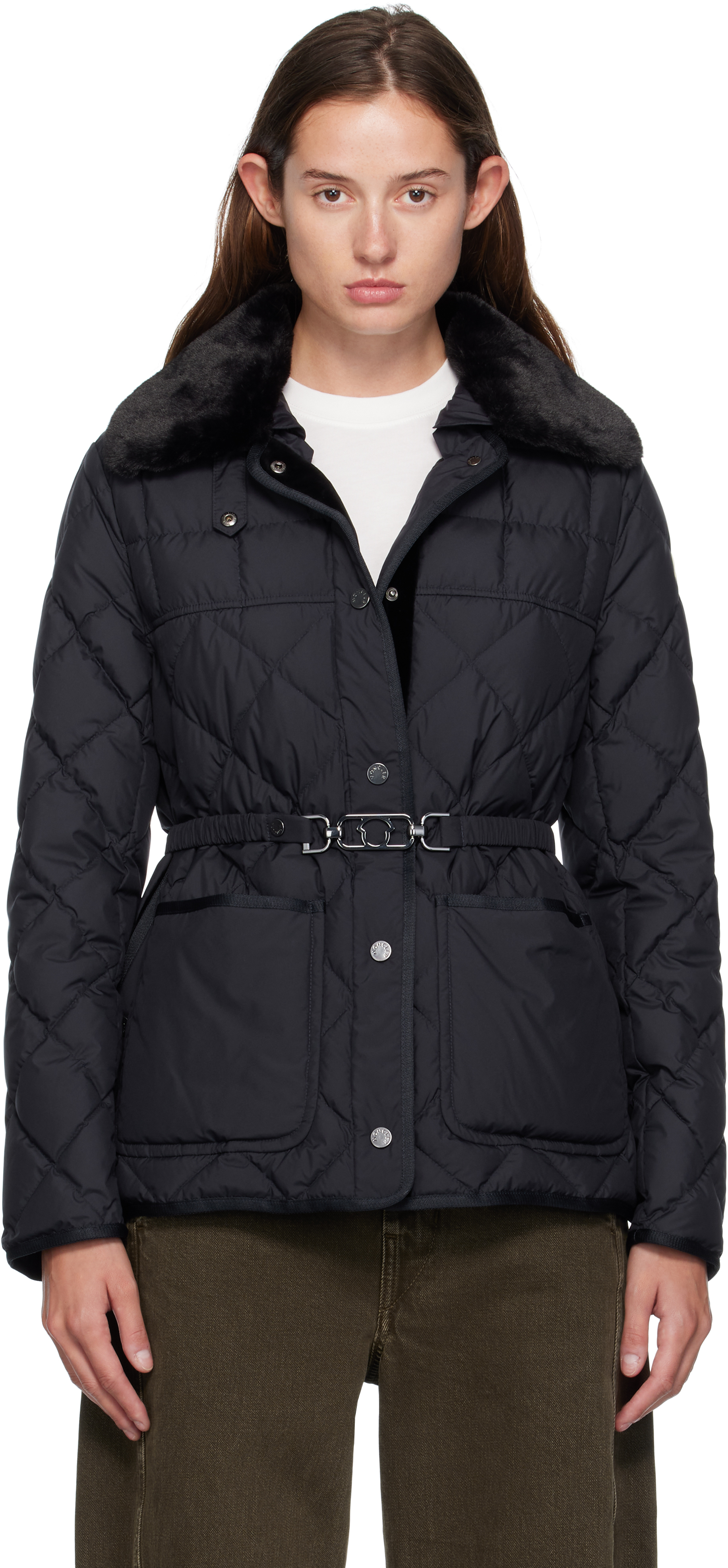 Navy Cygne Faux Fur-Trimmed Short Down Jacket
