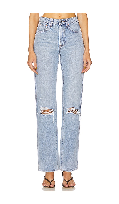 GRLFRND BESONDERS HOCHGESCHNITTENE SLIM-HOSE MIT GERADEM BEIN SARA in Denim-Light. Größe 32. Also in 23, 24, 25, 26, 27, 28