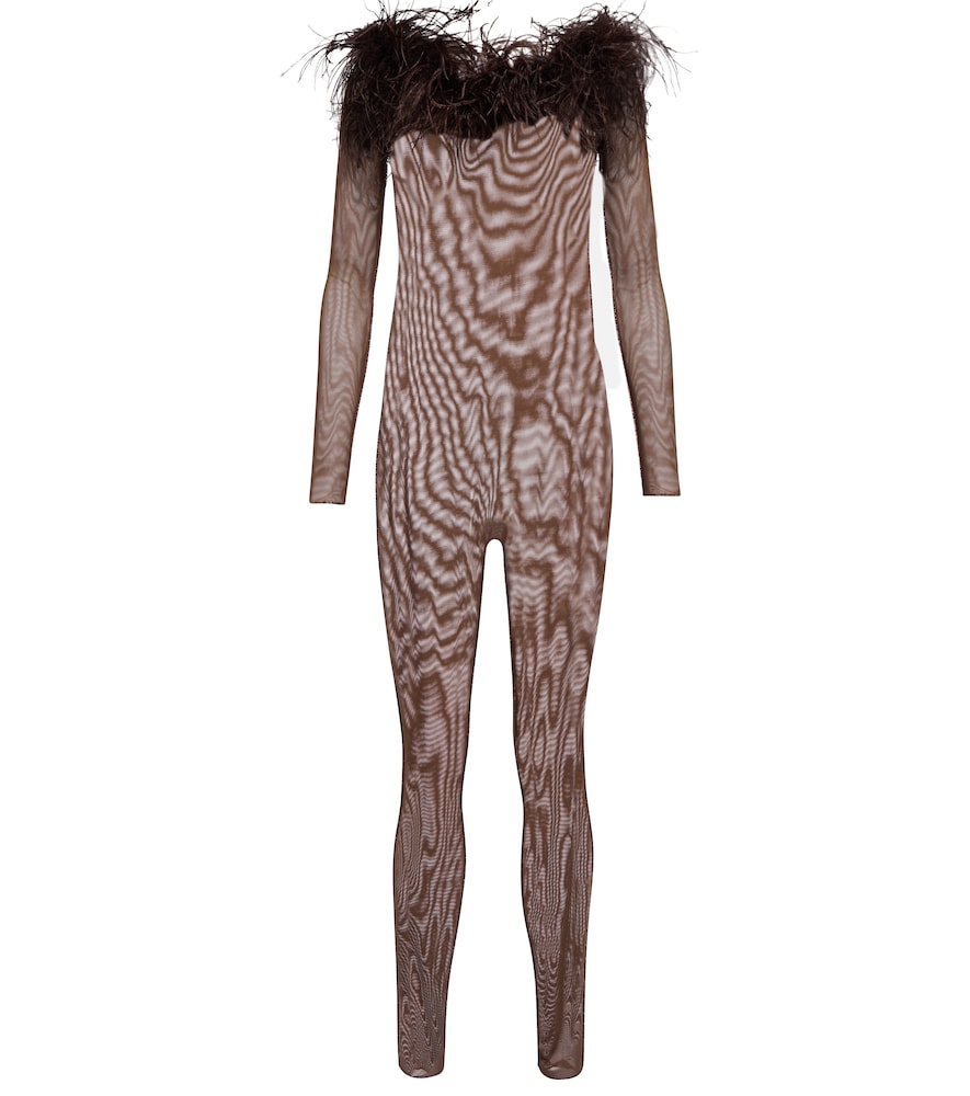 Feather-trimmed mesh jumpsuit