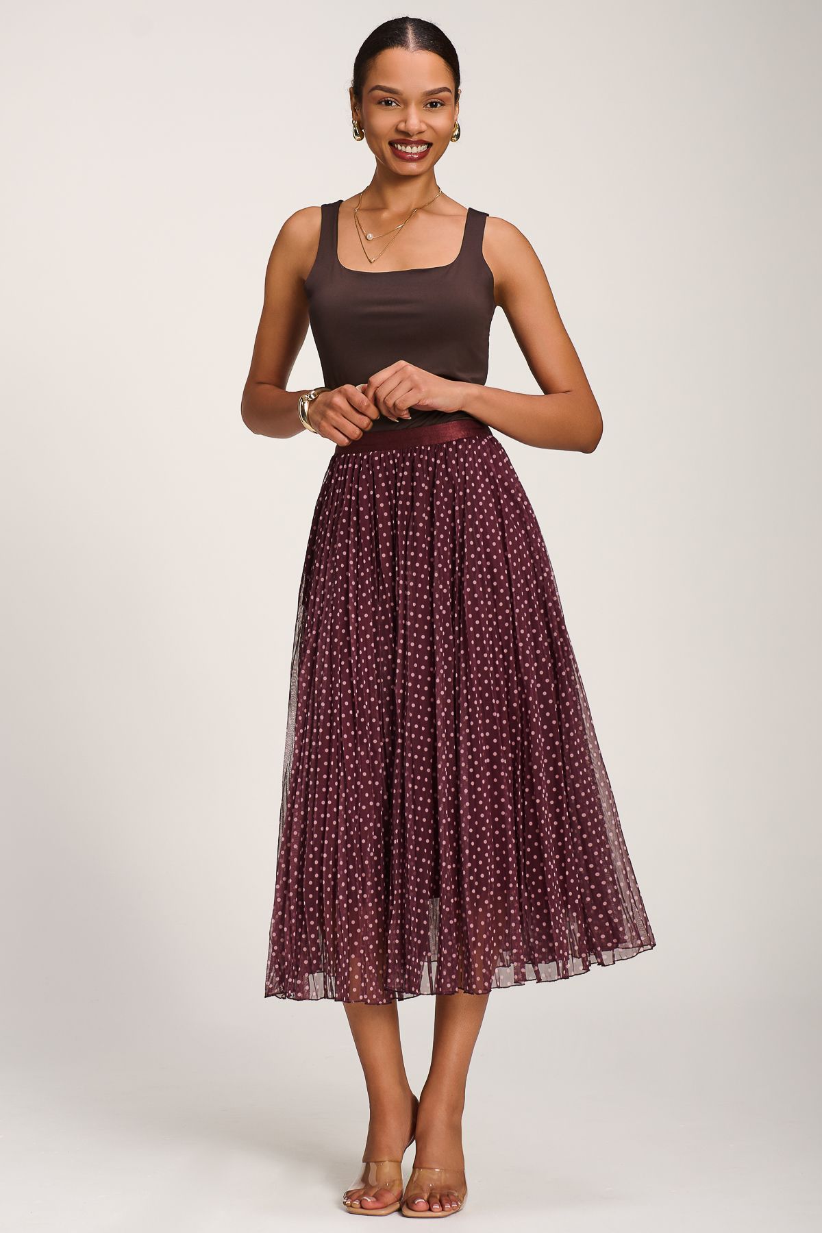Jolie Moi Women's Print Crinkle Mesh Midi Skirt in Burgundy