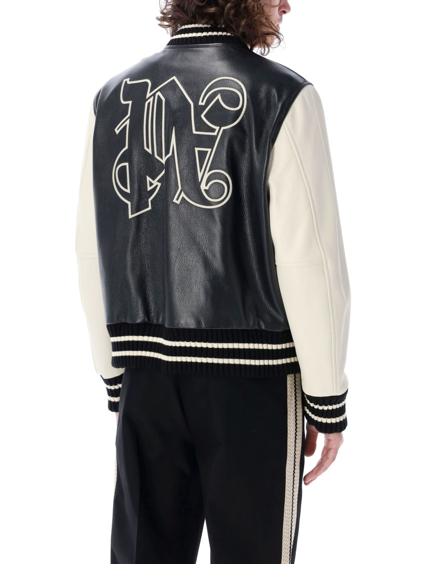 Monogram-print leather varsity jacket - Black