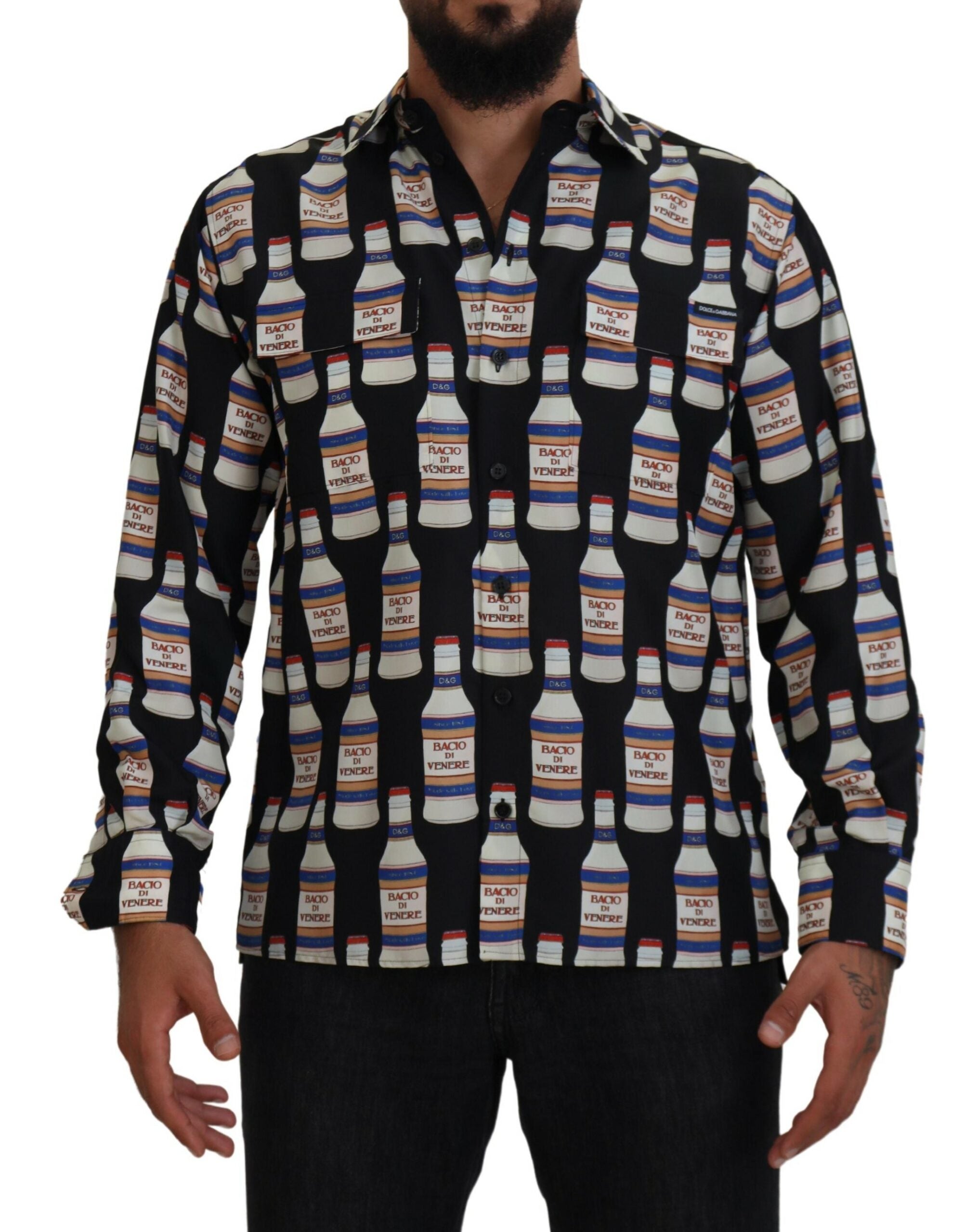 Silk Printed Collared Shirt — Black