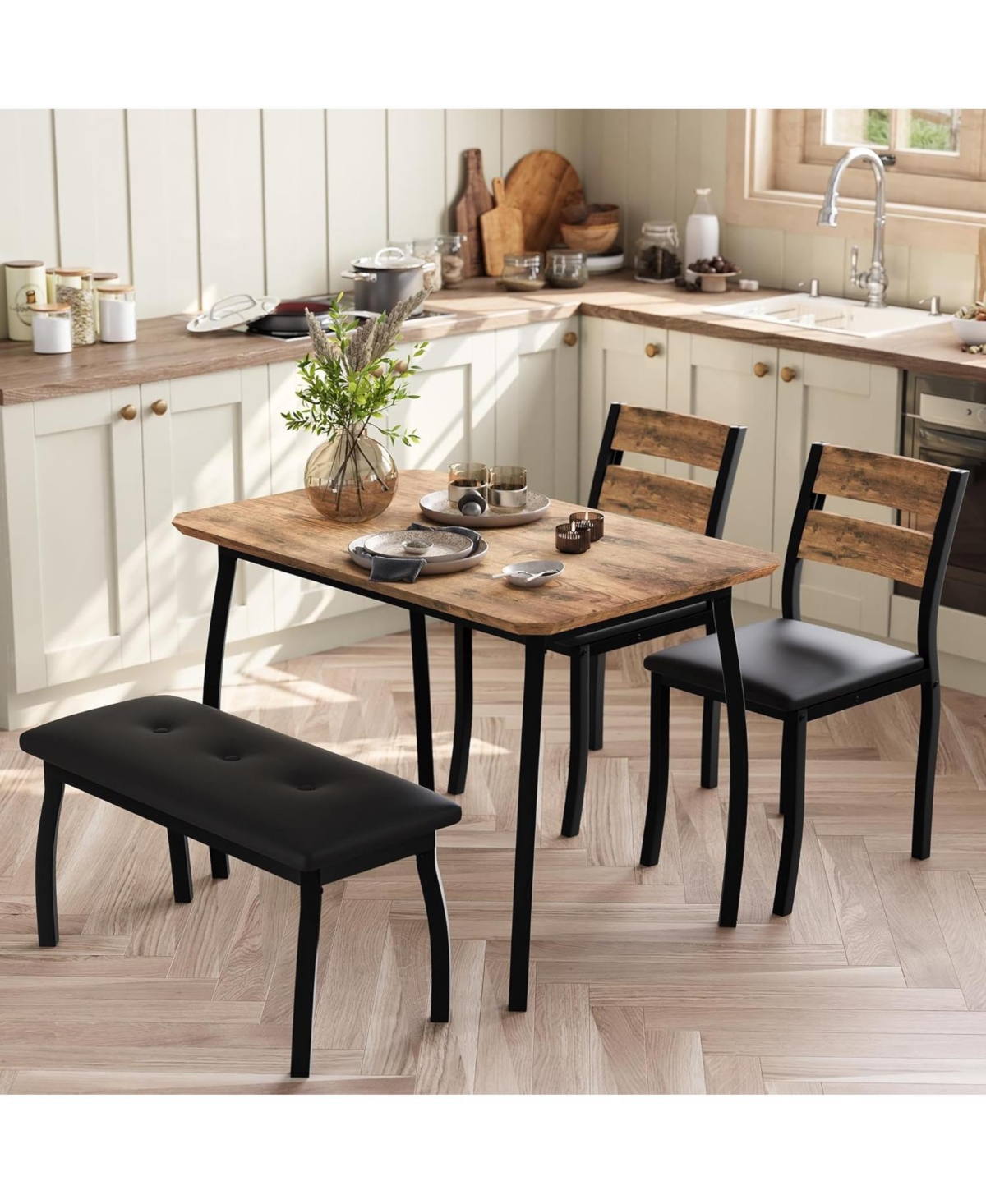 Dining Table Set for 4, Wooden Kitchen Table with Upholstered Bench and 2 Cushion Chairs, Space-Saving Dinette Set for Kitchen, Dining Room