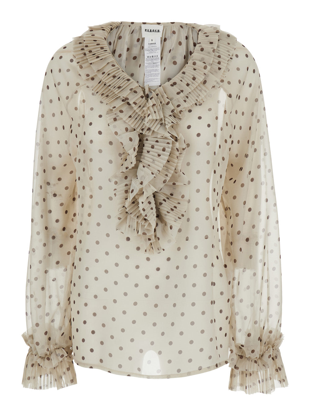 Polka-Dot Tech Fabric with Ruffles Blouse — Beige