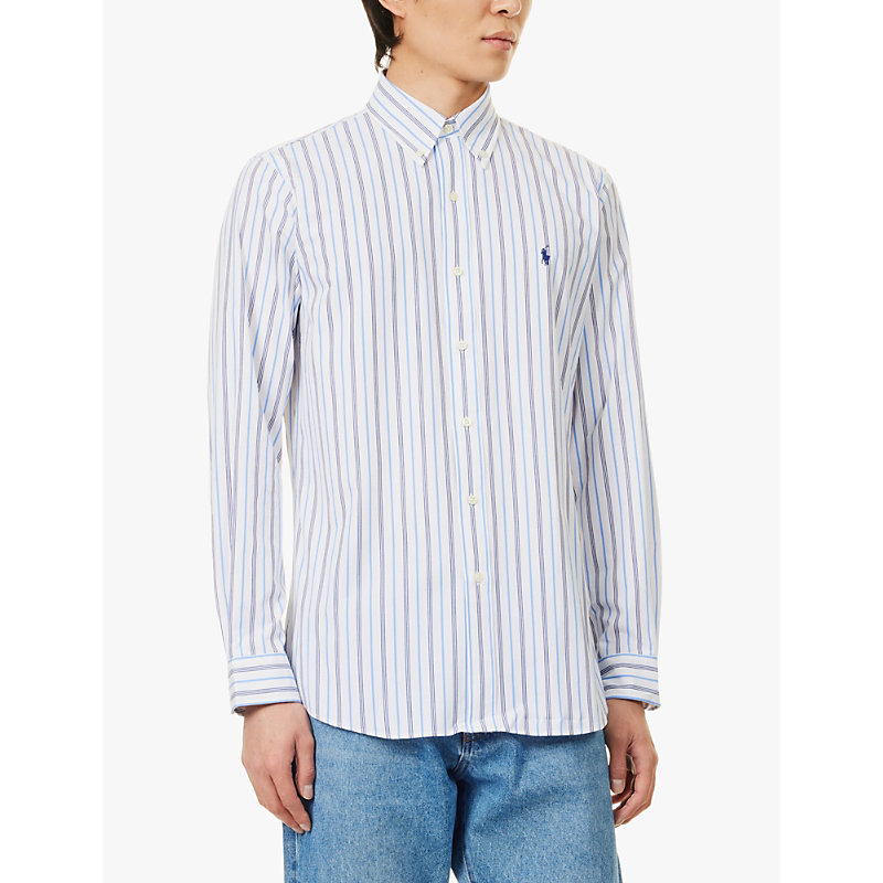 Mens White/blueLogo-embroidered Striped Stretch-cotton Shirt