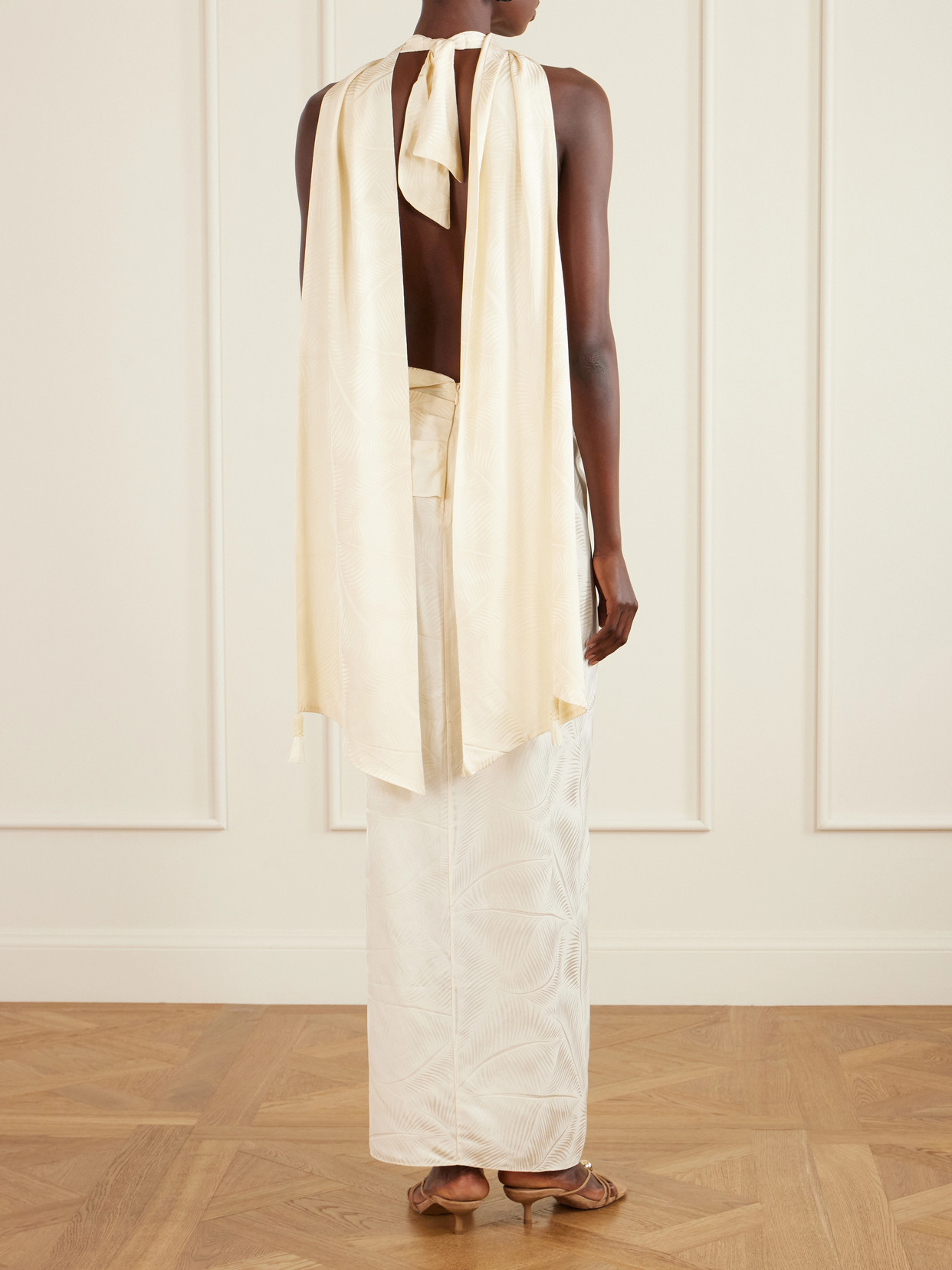 Wildly Beautiful Tasseled Satin-jacquard Halterneck Maxi Dress - Ecru