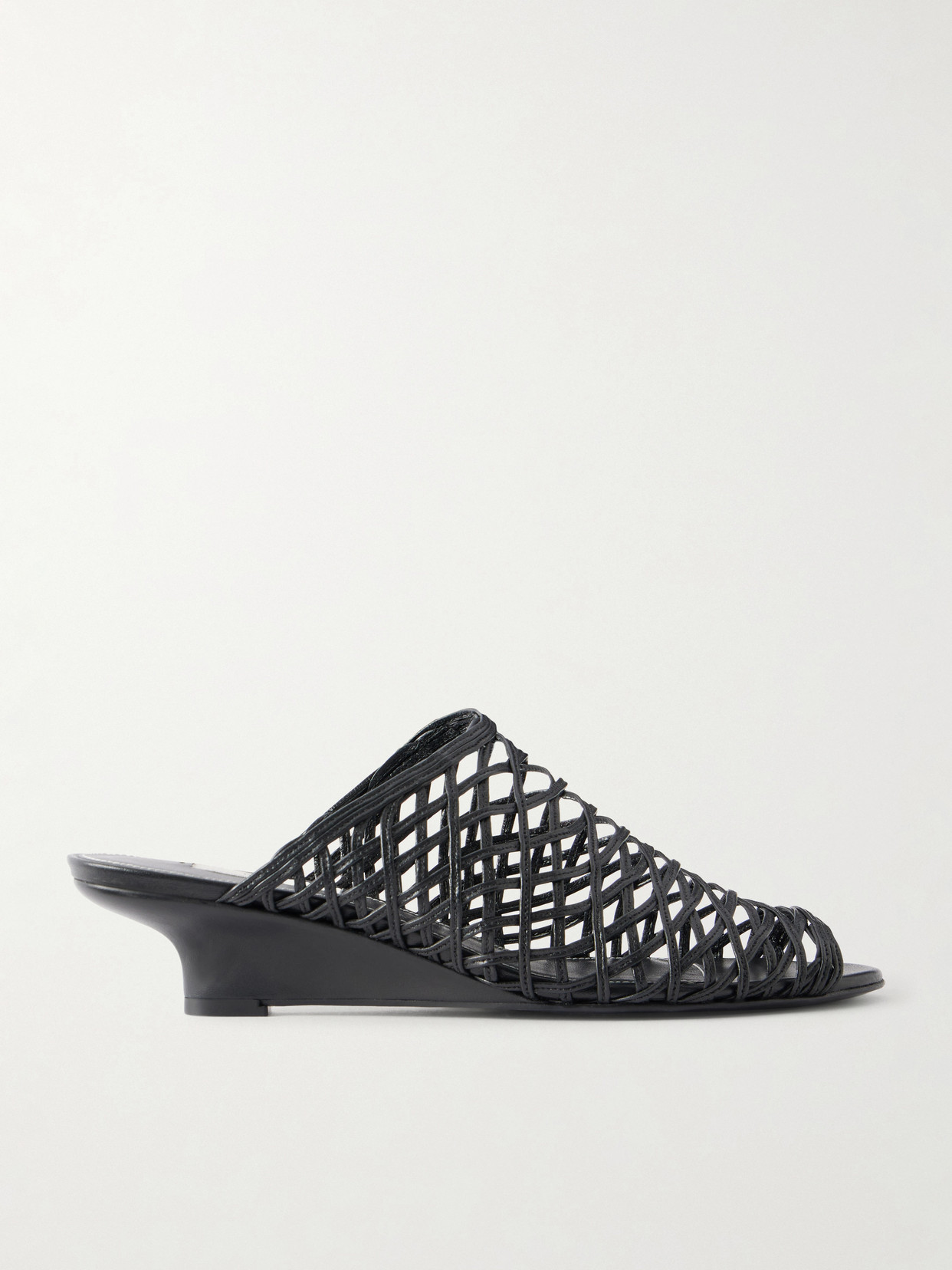 Woven Leather Wedge Mules - Black