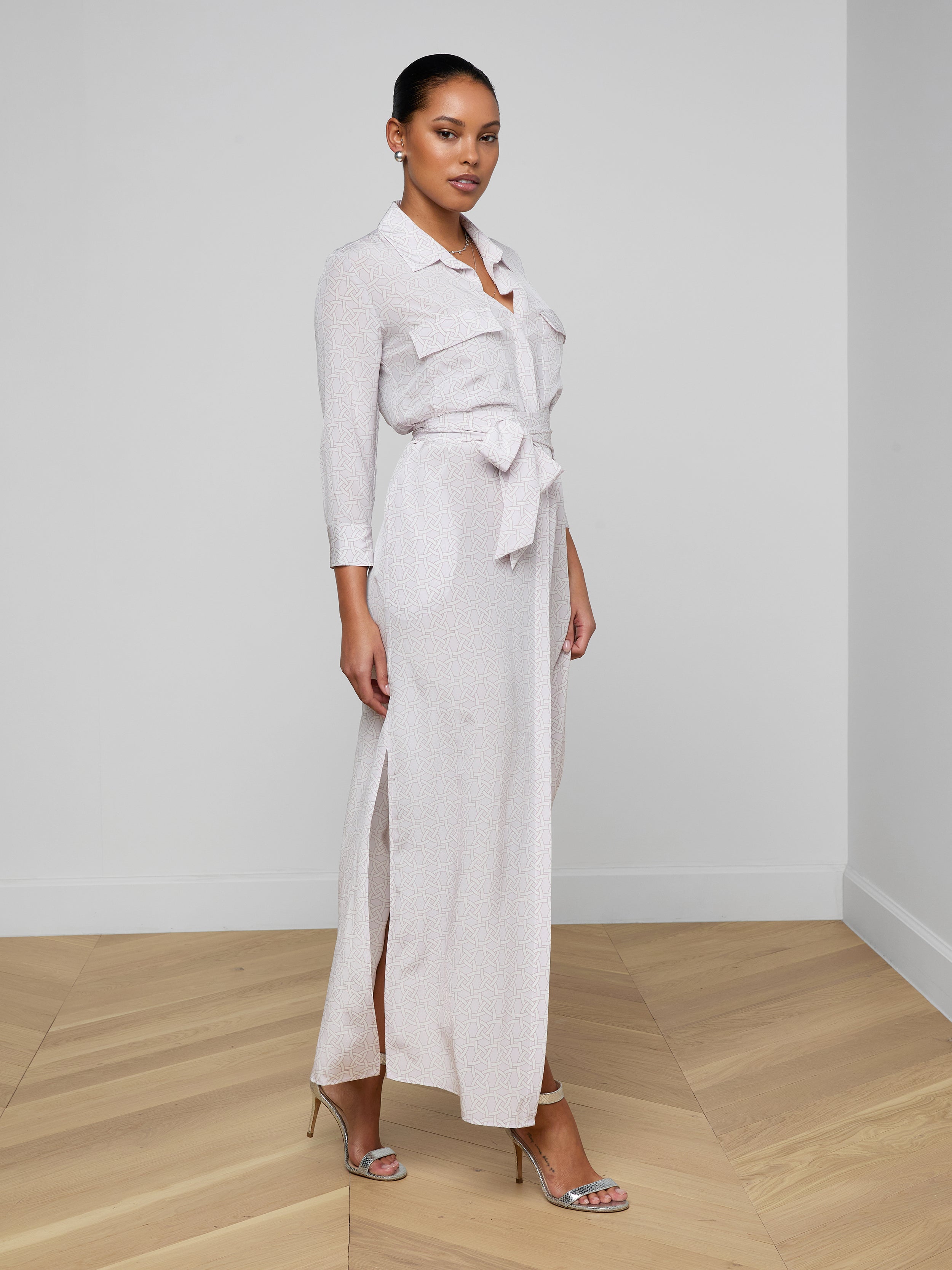 Cameron Silk Shirt Dress In Icy Lilac Linked Geo