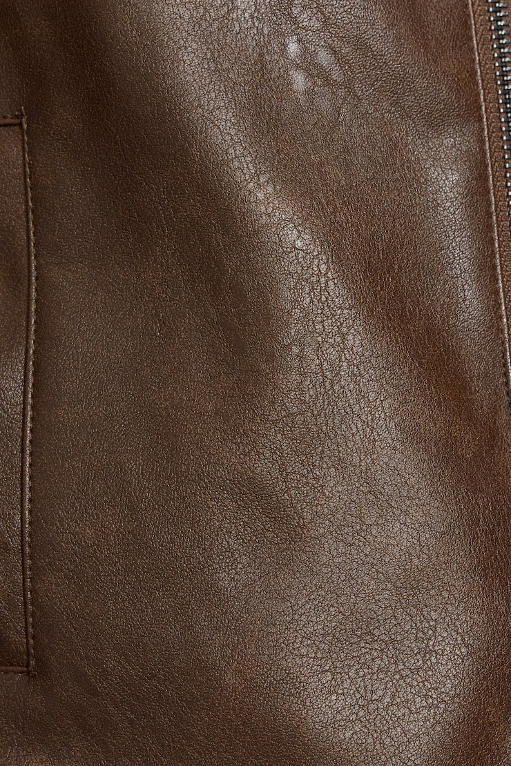Faux Leather Worker Jacket - Brown - Women Clothing