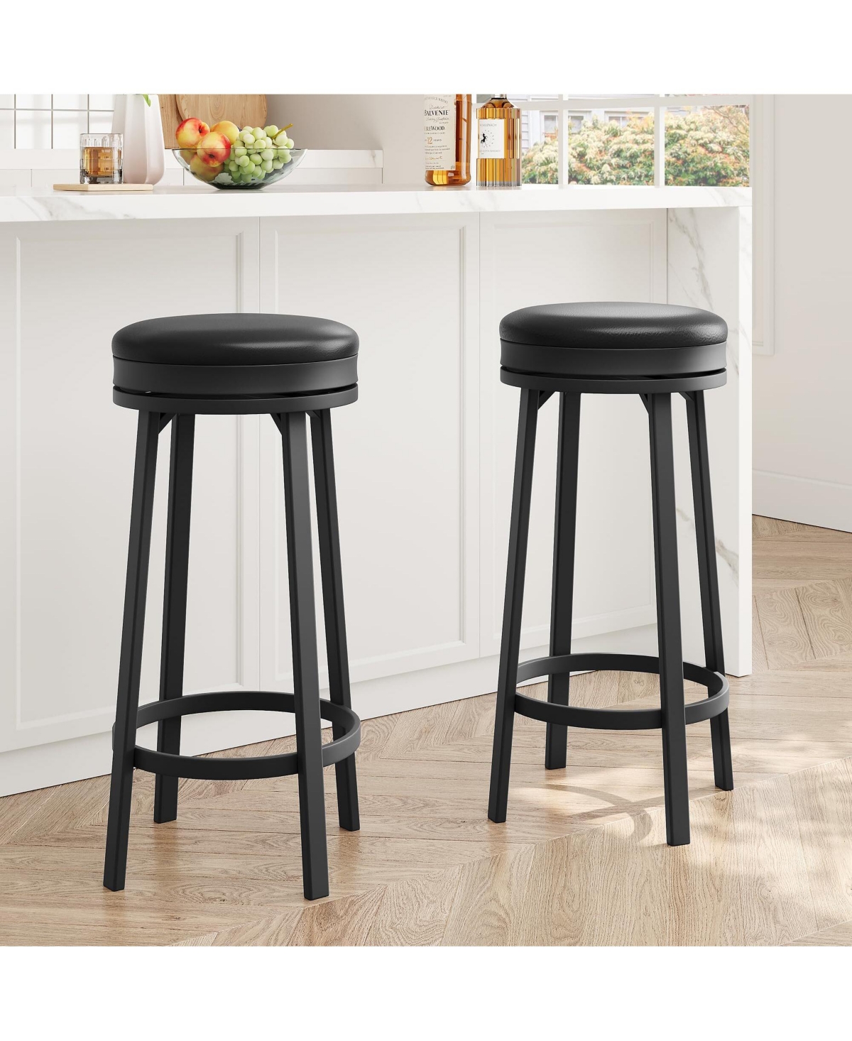 Swivel Bar Stools Set of 2, Counter Height Backless Round Bar Stools with Footrest - Black
