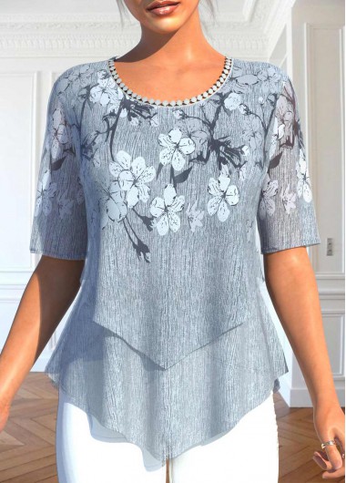 Modlily Grey Layered Floral Print Fake Two Piece Twinset