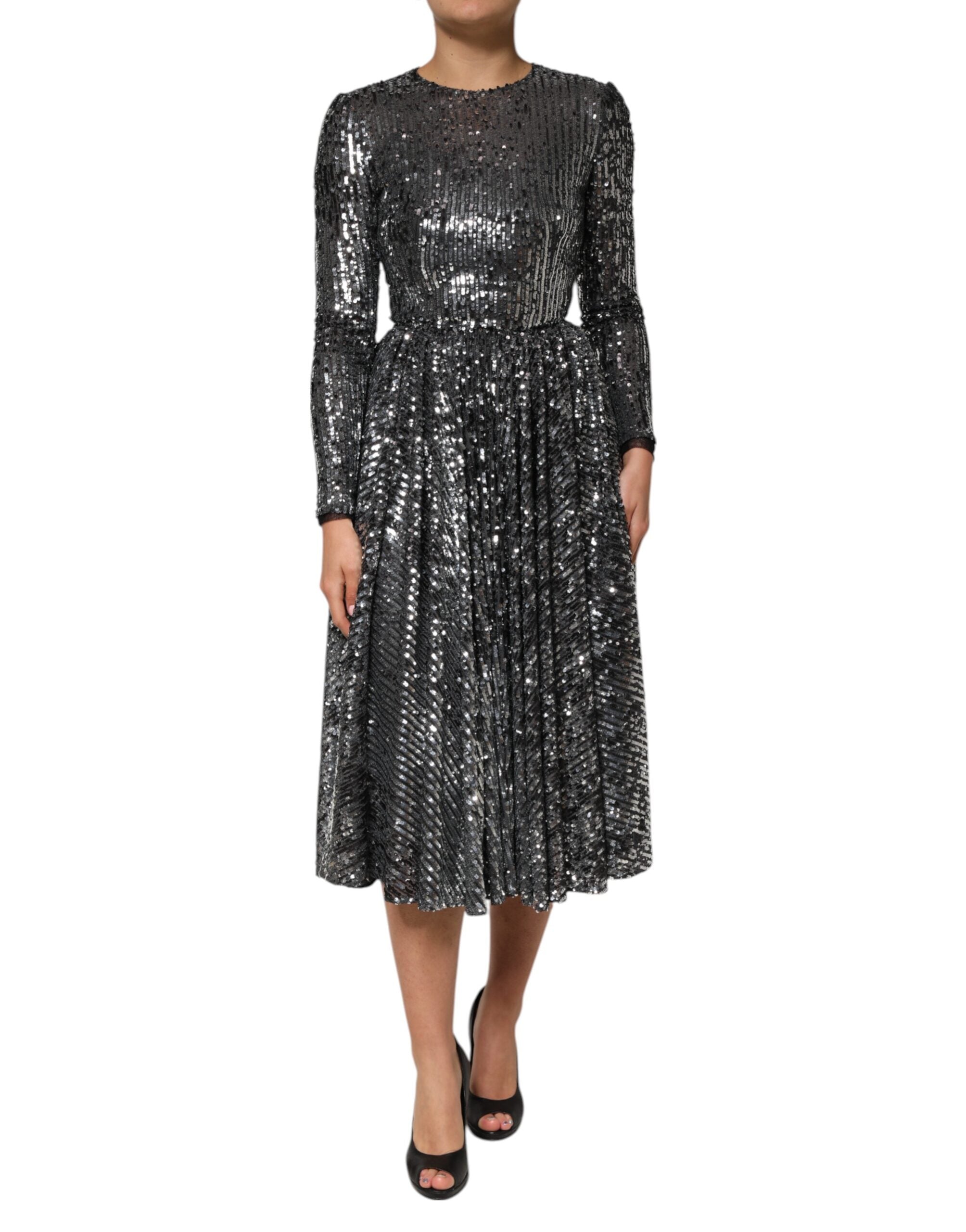 Sequined Long Sleeve Dress — Black