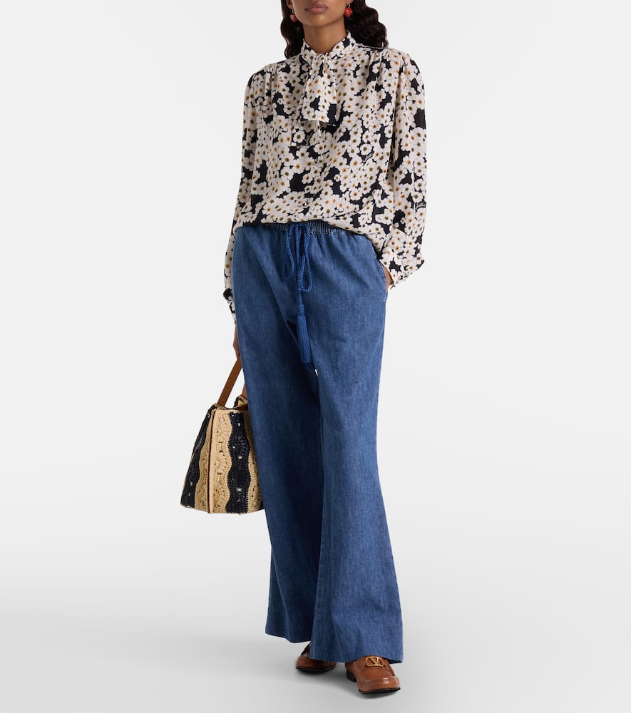 Cotton chambray wide-leg pants
