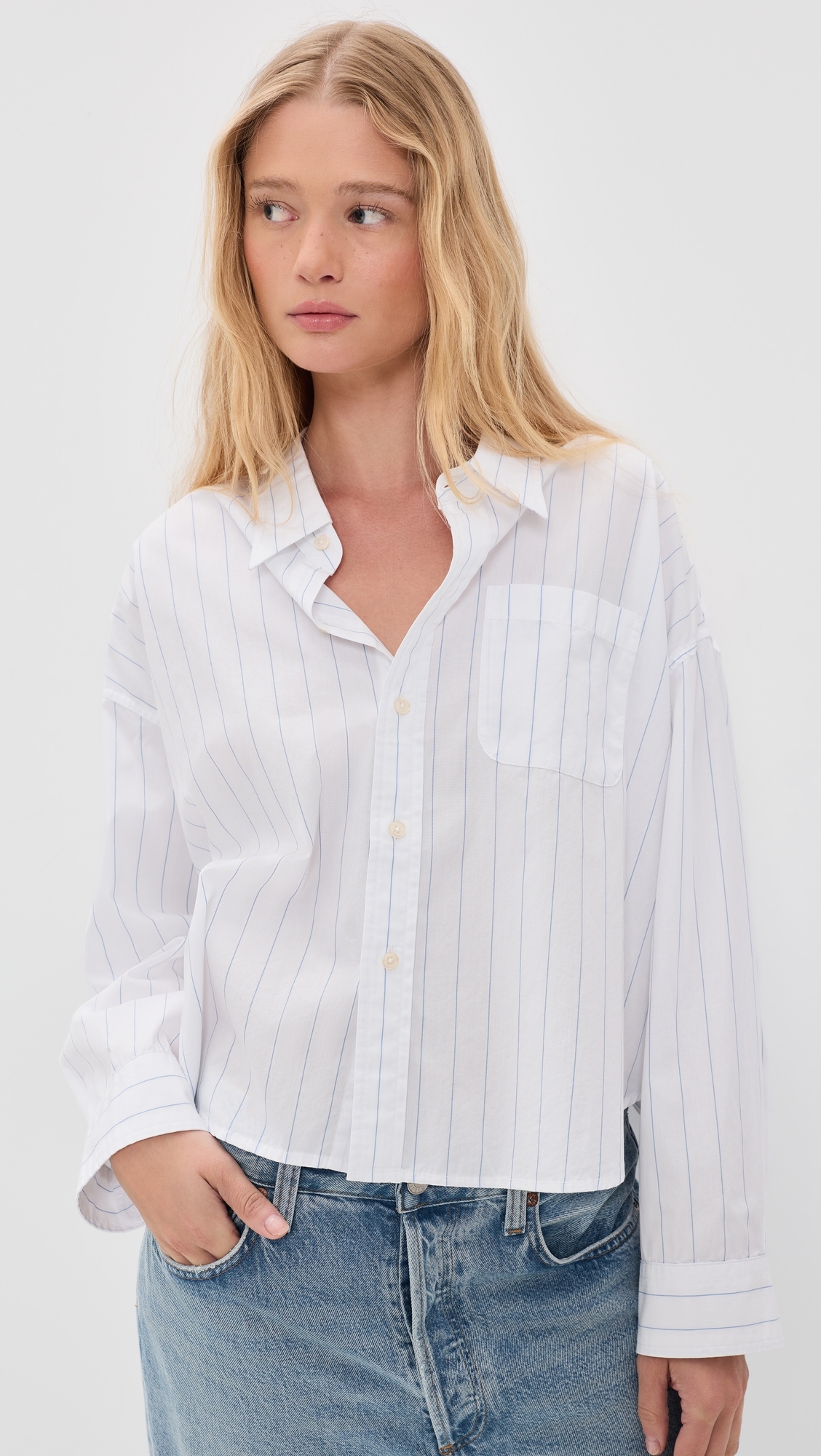 Bailey Cropped Button Down Shirt Light Blue Wide Pinstripe