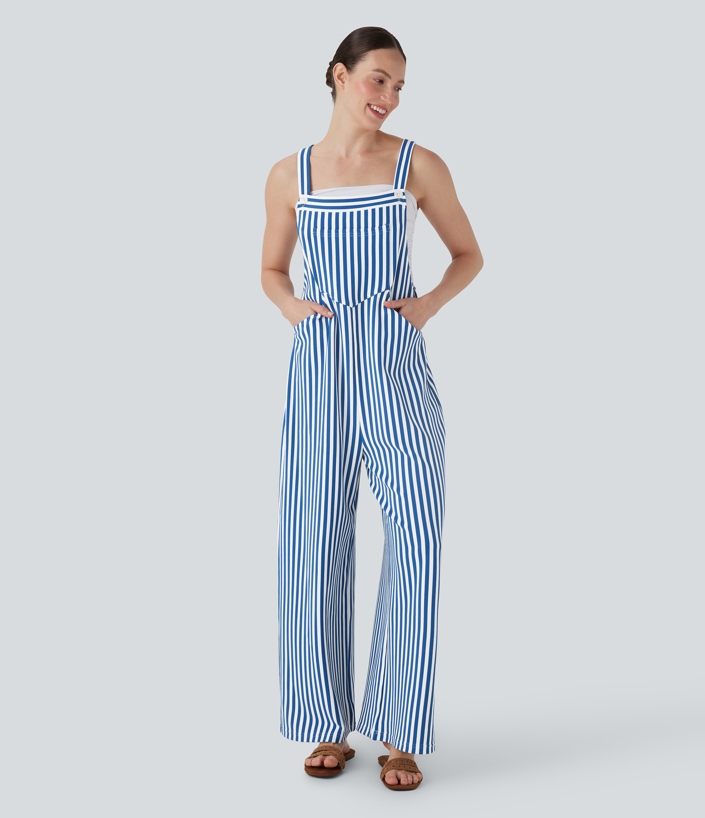 Pockets Stripe Waffle Overalls  - Cerulean Stripes