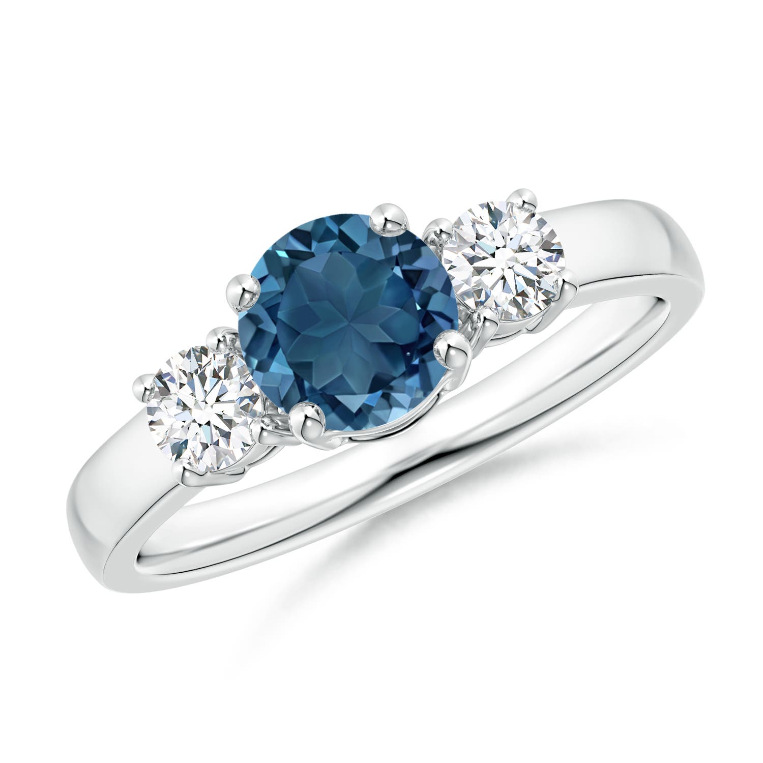 Angara 0.95 Carat Classic Round London Blue Topaz and Diamond Three Stone Engagement Ring in Silver