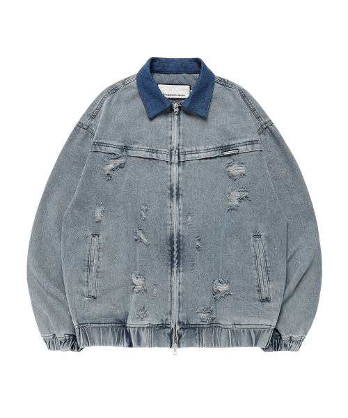 DESTROYED DENIM ZIPUP JACKET LIGHT BLUE