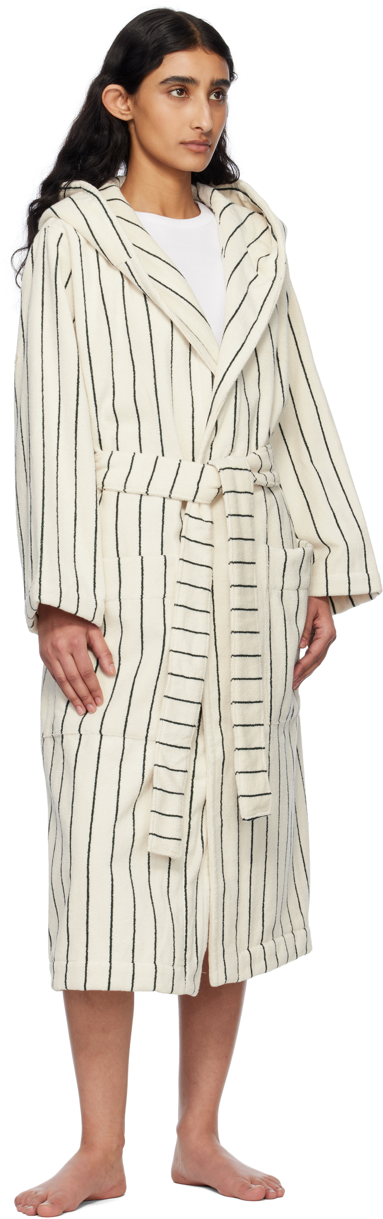 Tekla White & Green Terry Hooded Bathrobe