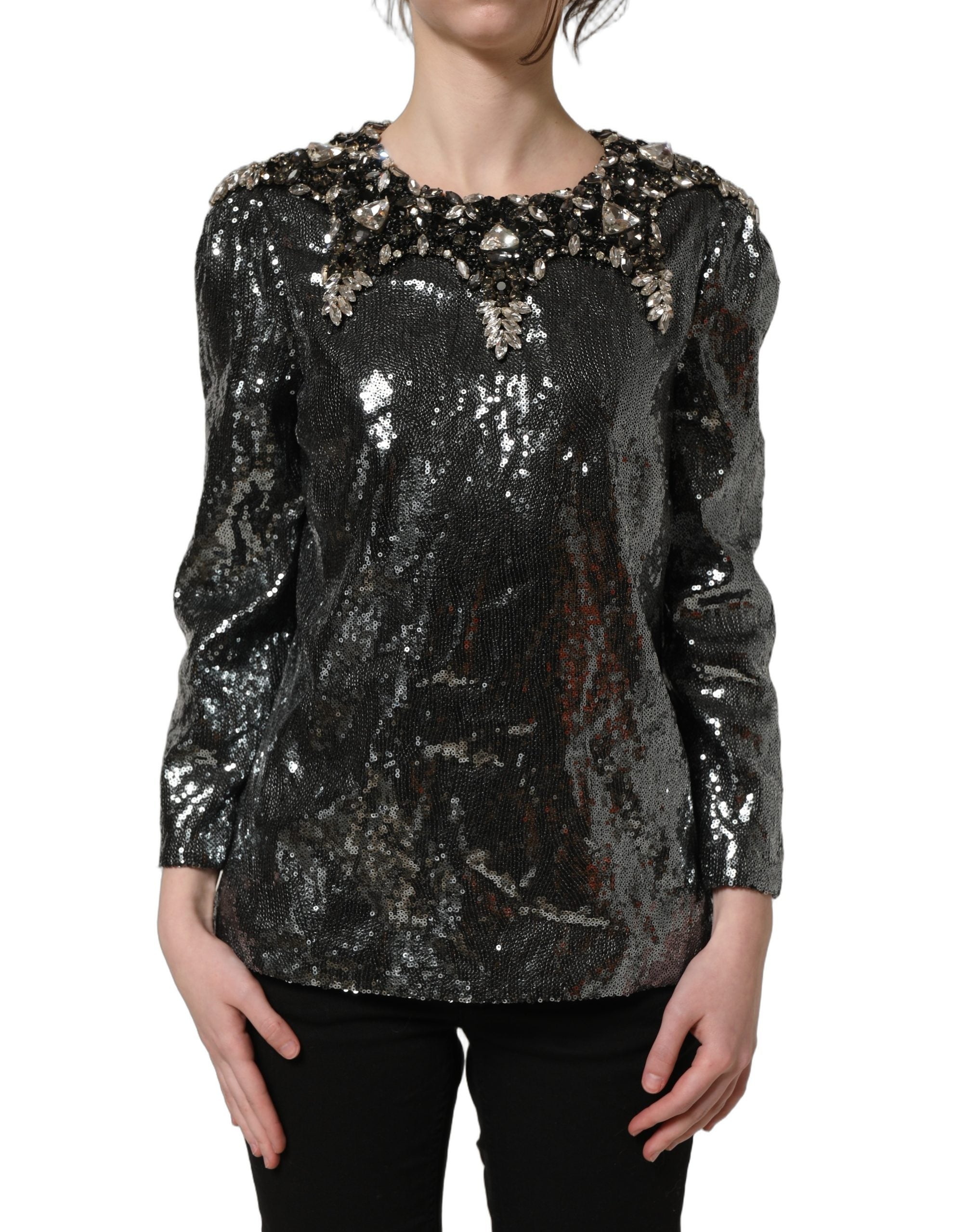 Sequin and Crystal Embellished Blouse — Gray