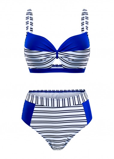 Modlily Stripe Print Royal Blue Contrast Bikini Set