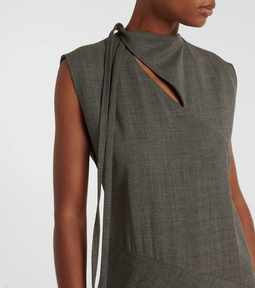 Tie-neck virgin wool canvas midi dress
