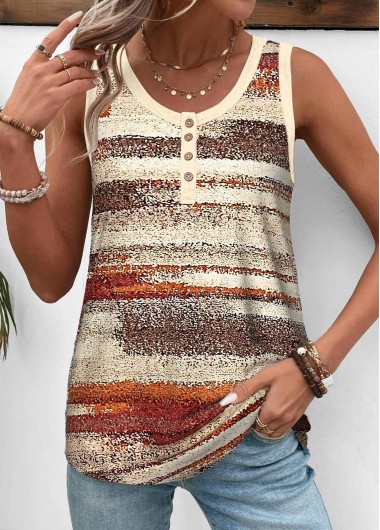 Modlily Light Yellow Button Striped Sleeveless Round Neck Tank Top
