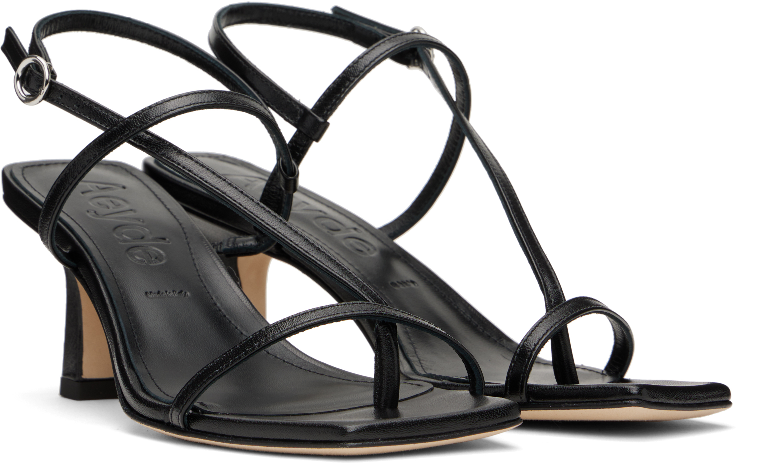 Aeyde Black Elise Leather Toe-Post Heeled Sandals