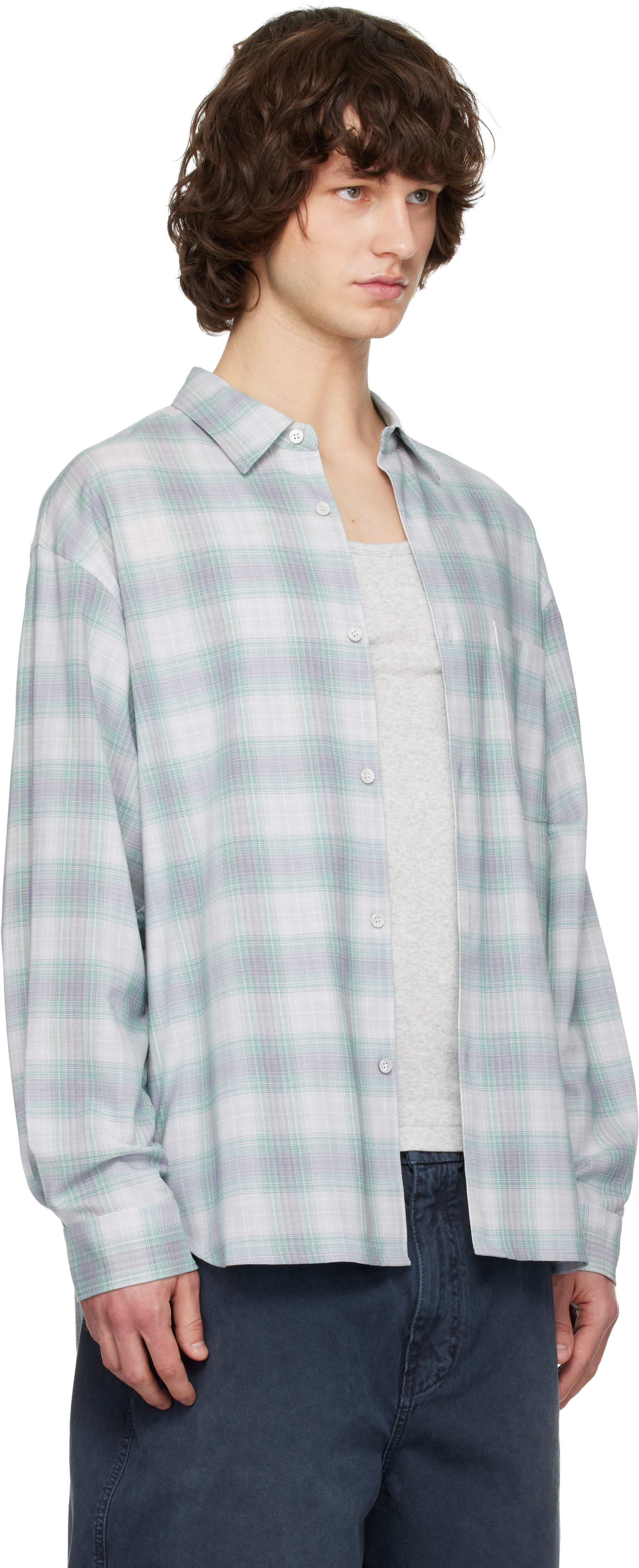 Green & Gray Wool Cotton Check Shirt